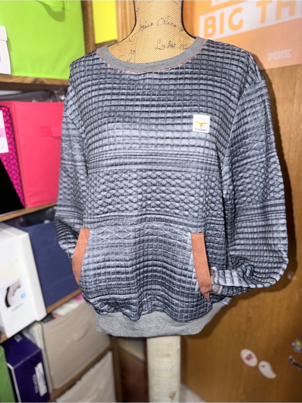 Quilted Crewneck Pullover Sweatshirt in Charcoal with Brown Trim
